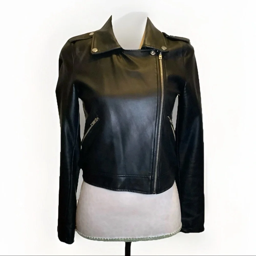 Vegan Black Leather Jacket Small Moto Faux Short Silver Accents